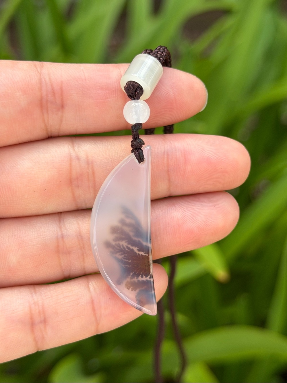 Handcrafted Dendritic Brown and White Agate Moon Necklace 1665